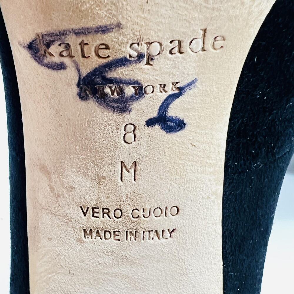 Kate Spade Shoes Womens 8 Black Suede Pearl Tie Strap Block Heel Pumps Italy - Picture 9 of 11